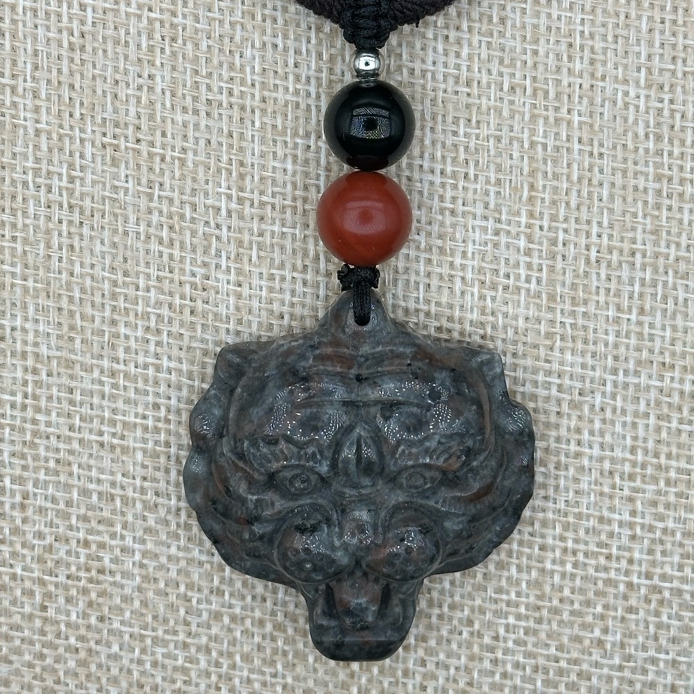 Yooperlite Tiger Pendant Necklace; Red Jasper and Onyx on Brown and Black Rope